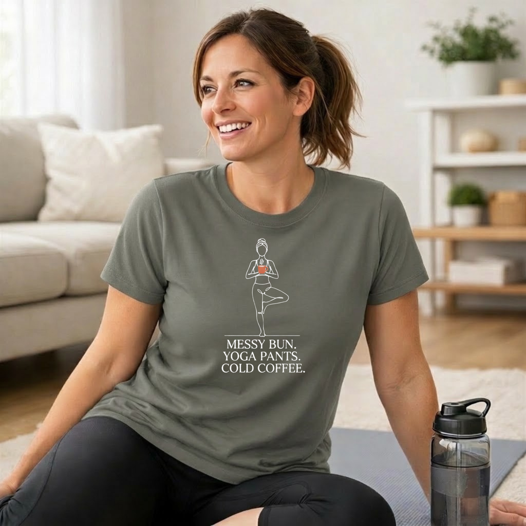 Messy Bun. Yoga Pants. Cold Coffee. T-Shirt